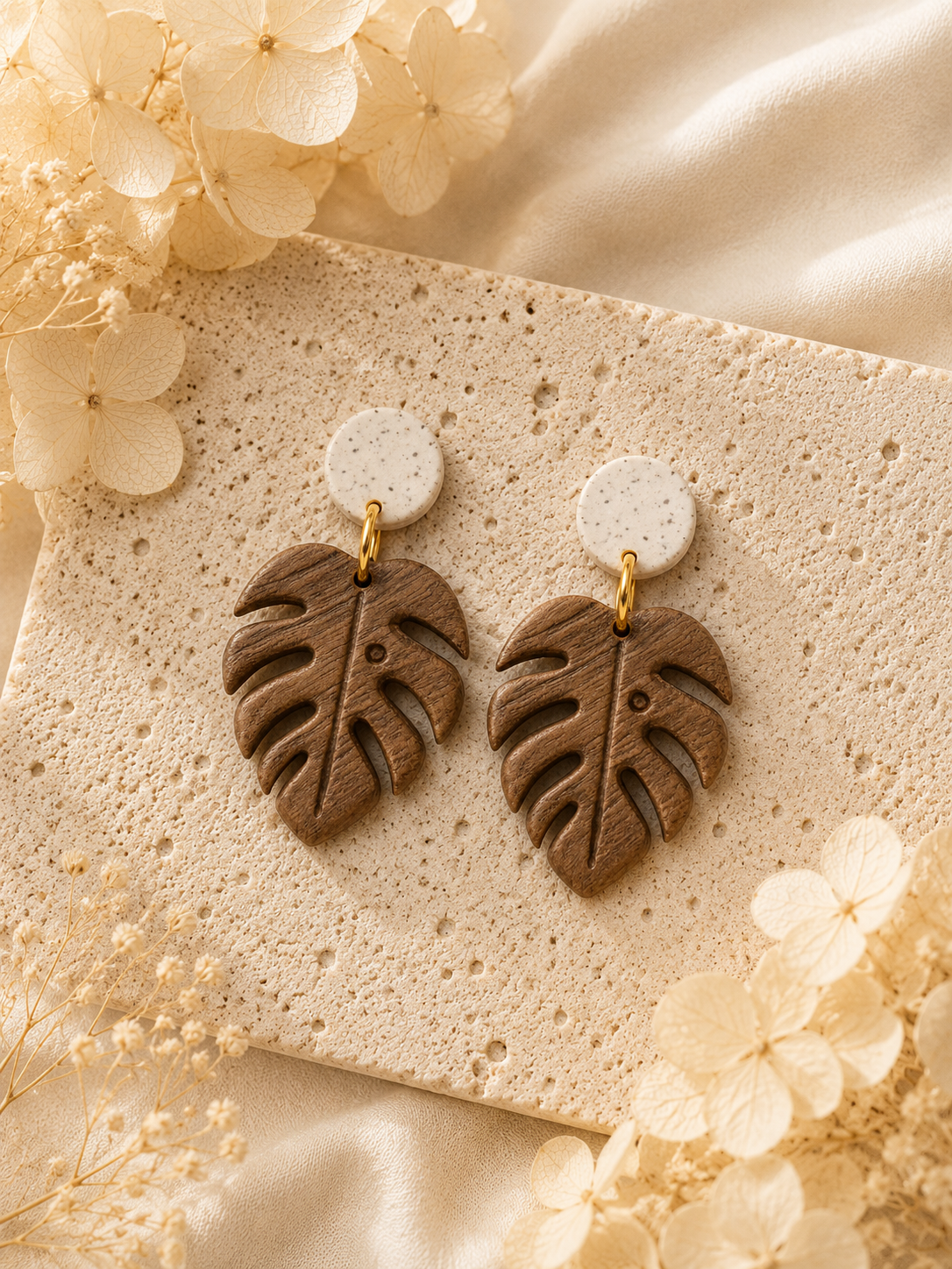 Brown Wood Monstera Earrings
