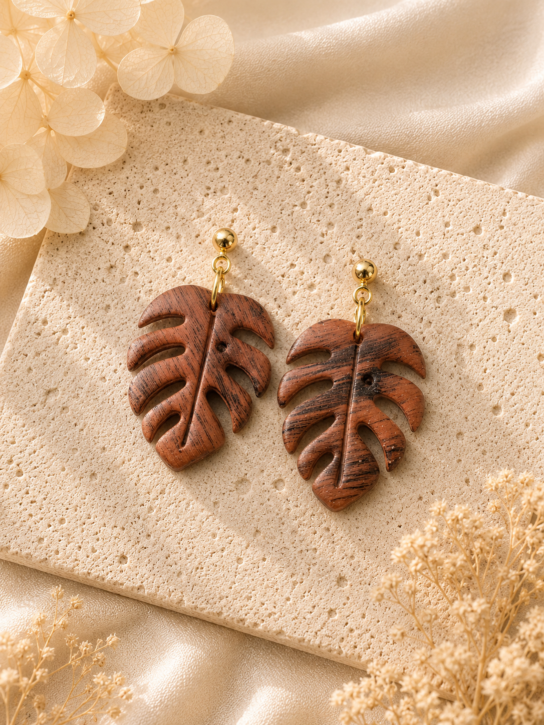 Terracotta Wood Monstera Earrings
